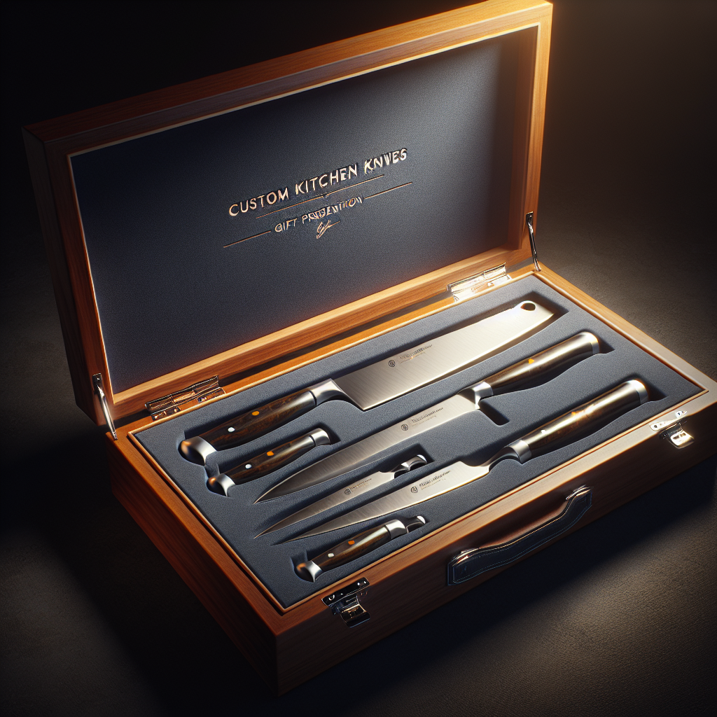Luxury custom kitchen knives gift box presentation in velvet-lined wooden case