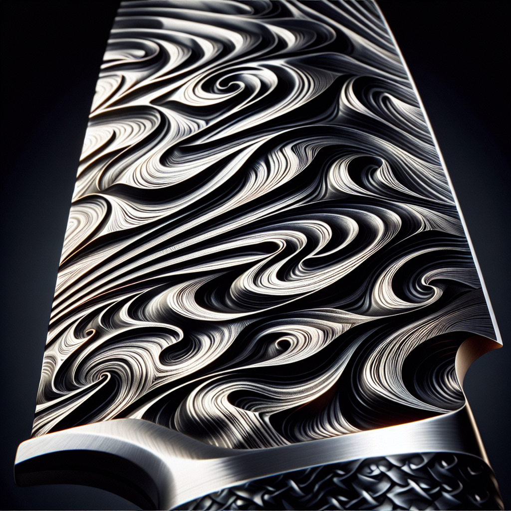 Damascus steel knife blade pattern close-up with swirling layered steel textures