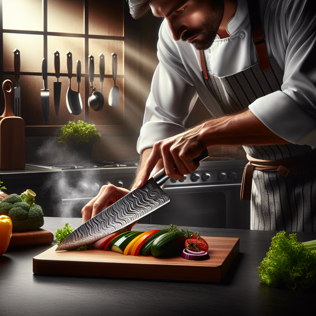 Damascus kitchen knives slicing fresh vegetables on premium hardwood cutting board