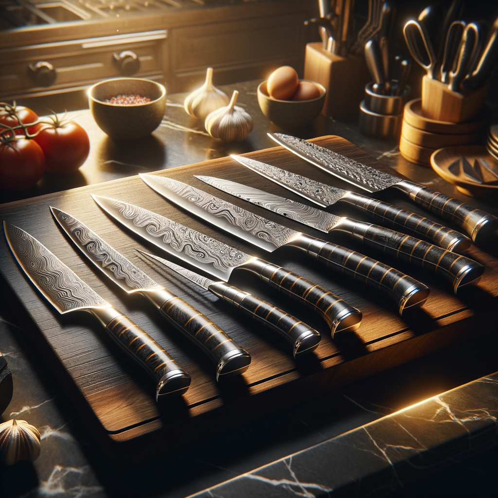 Premium custom kitchen knives displayed on dark wooden cutting board with Damascus steel pattern blades