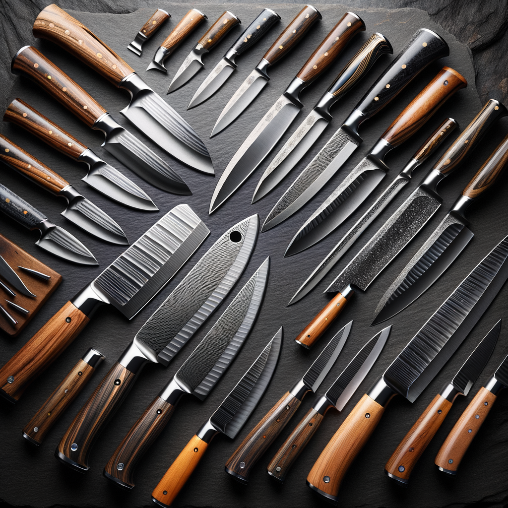 Premium custom knife set collection arranged on dark slate surface with handcrafted kitchen blades