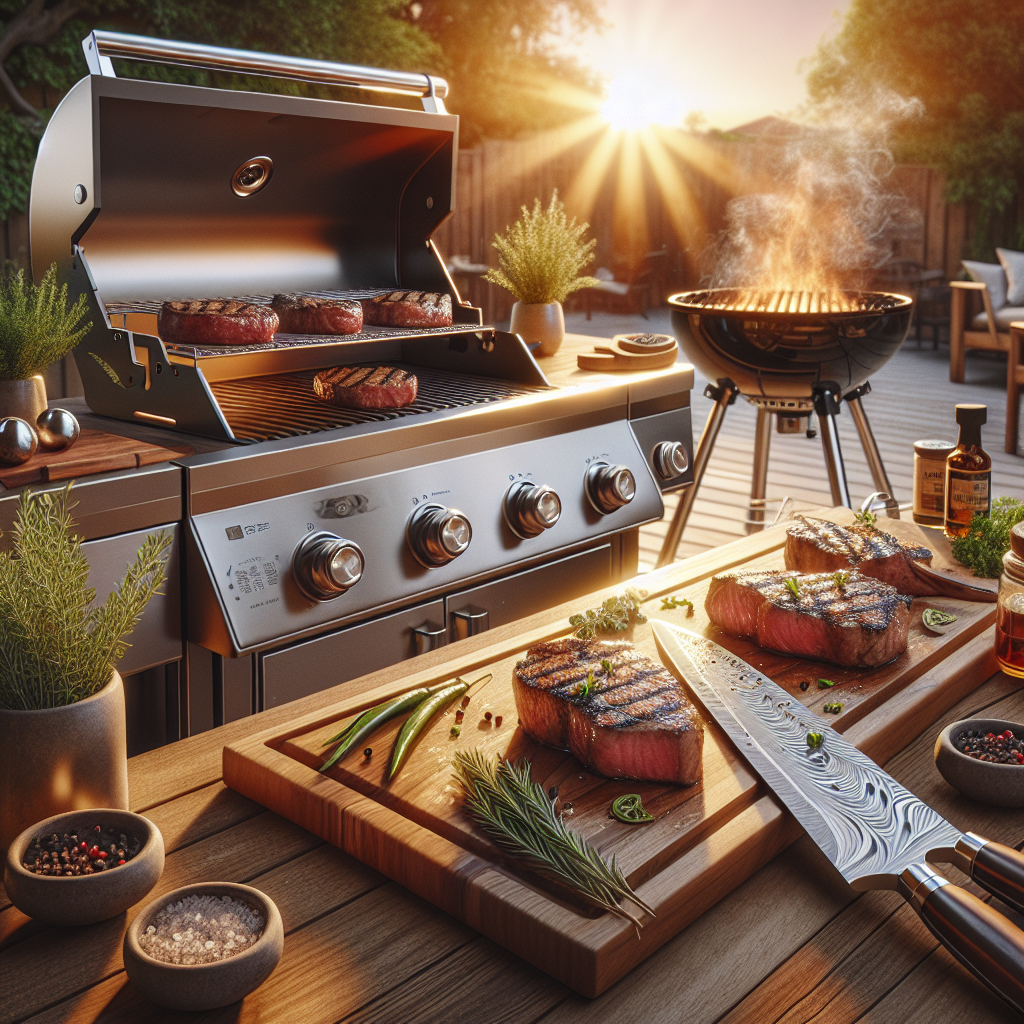 Professional outdoor grilling scene with premium damascus kitchen knives on wooden prep station