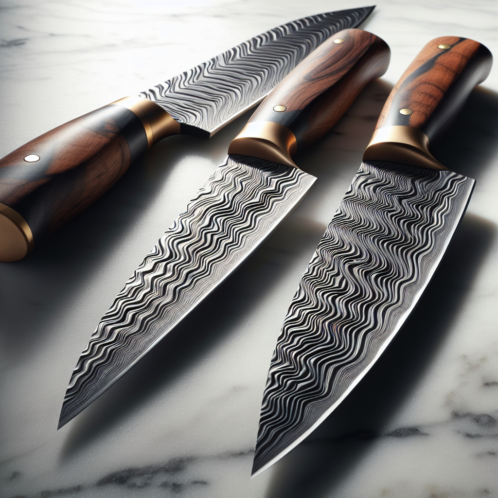 Close-up of damascus steak knives with distinctive wavy pattern on steel blade