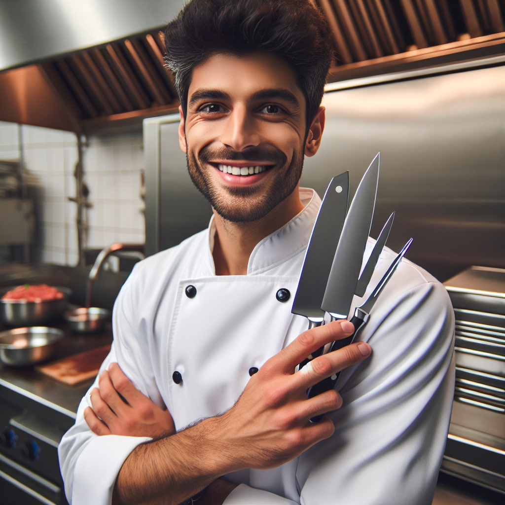 Happy professional chef holding premium steak knife set